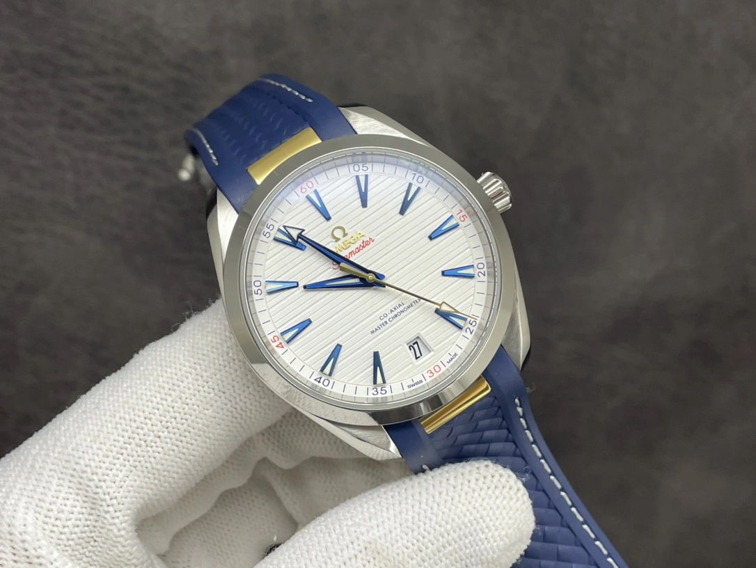 WeatherProof CBD Factory Omega Seamaster Aqua Terra 150M 41mm Silvery-White Teak Dial with Blued Markers, Red Accents, and 18K Yellow Gold Plated Seconds Hand Blue Rubber Strap(220.12.41.21.02.004) 1:1 Super Clone – Dandong 8900 Movement 269